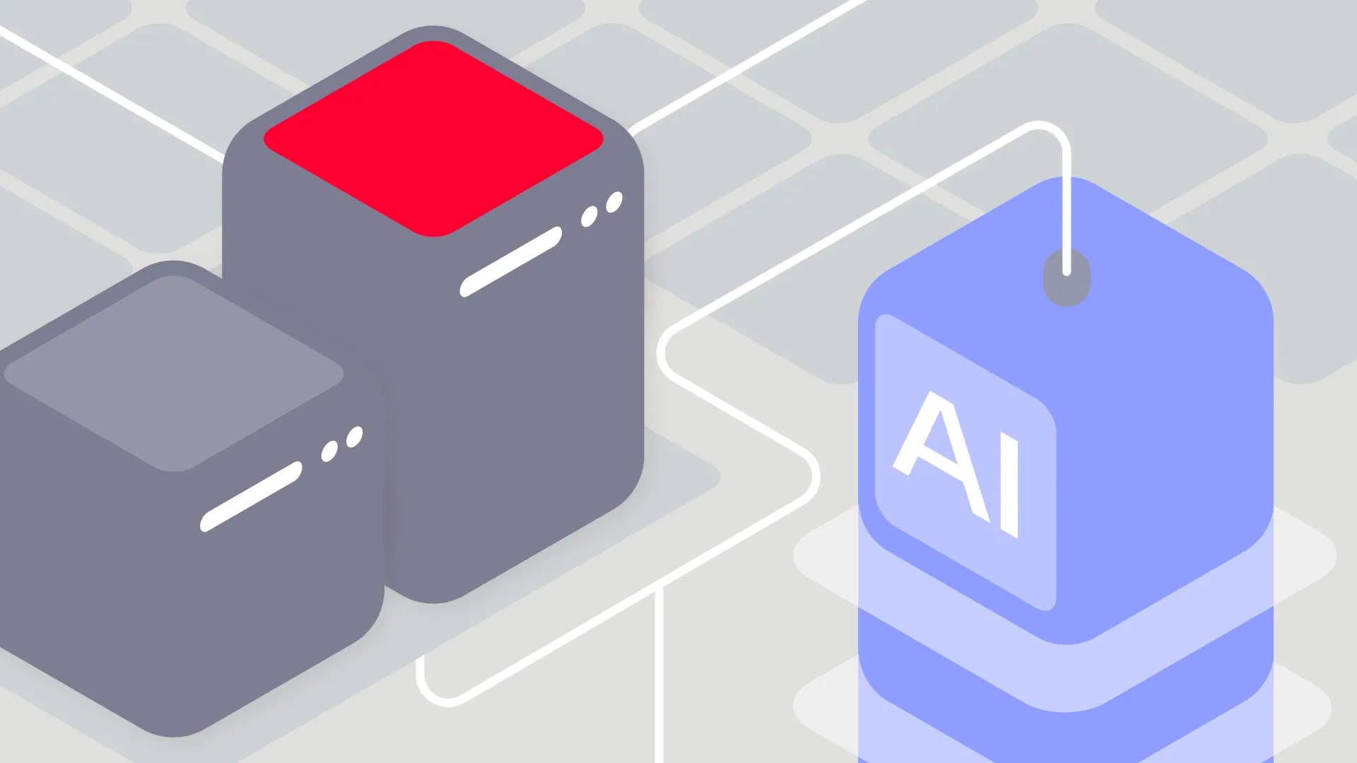 Isometric illustration: two gray server blocks, one with a red top, connected by thin white lines to a blue block labeled "AI"